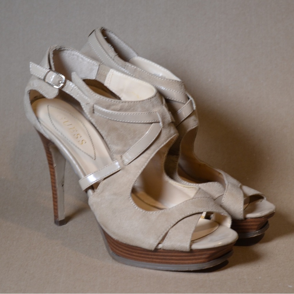 Guess Strappy Stiletto Sandals Womens 9.5 M Desta Cut Out Heels Brown Faux Suede
